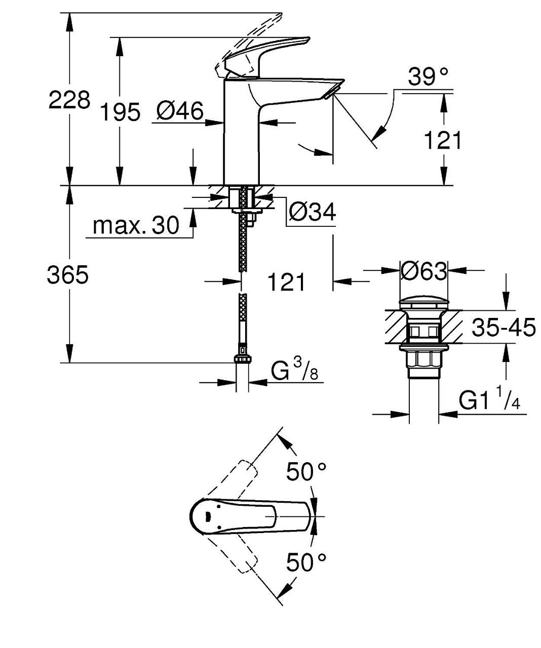 Mitigeur de lavabo Grohe Eurosmart saillie 121mm chromé