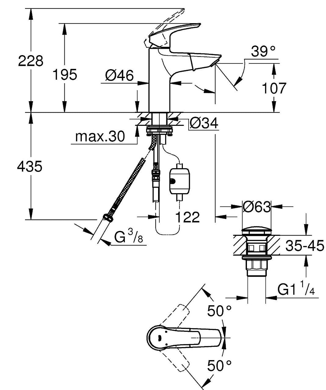 Mitigeur de lavabo Grohe Eurosmart saillie 121mm chromé
