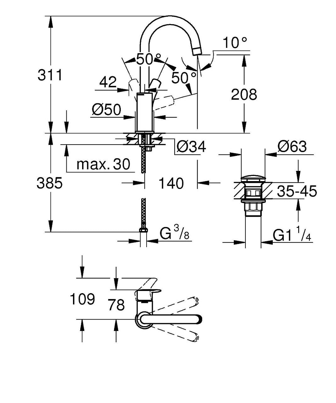 Mitigeur de lavabo Grohe Eurosmart saillie 140 mm chromé