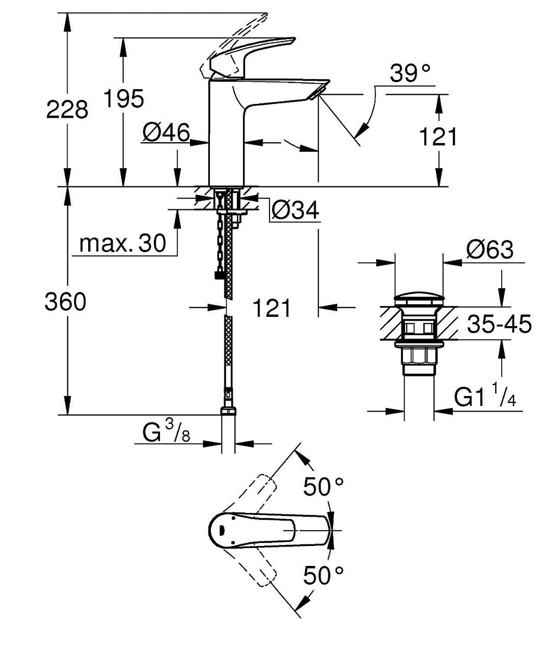 Mitigeur de lavabo Grohe Eurosmart saillie 121mm chromé