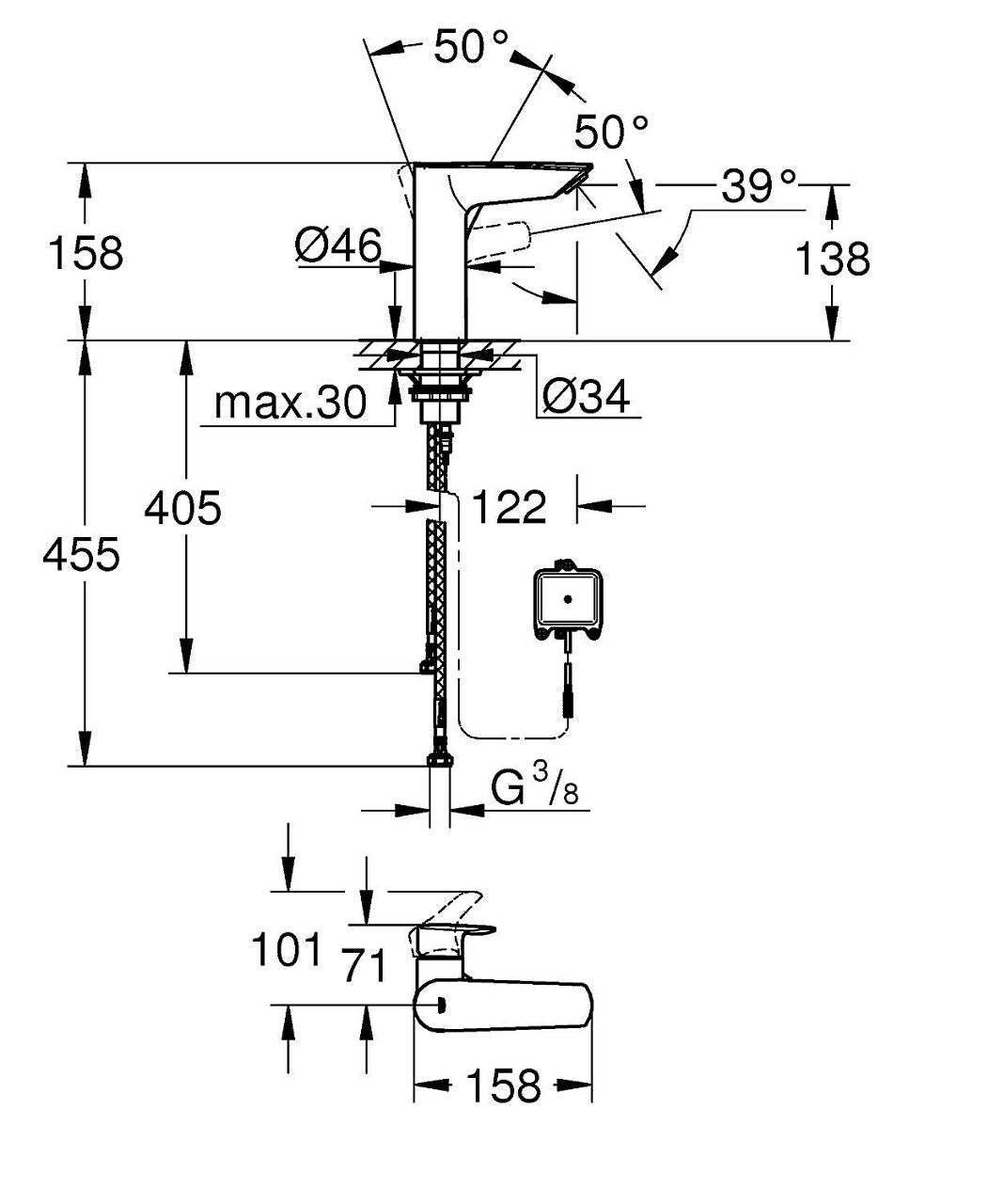 Mitigeur de lavabo Grohe Eurosmart saillie 122 mm chromé