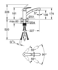 Mitigeur d'évier Grohe Eurosmart douchette extractible Saillie 227 mm