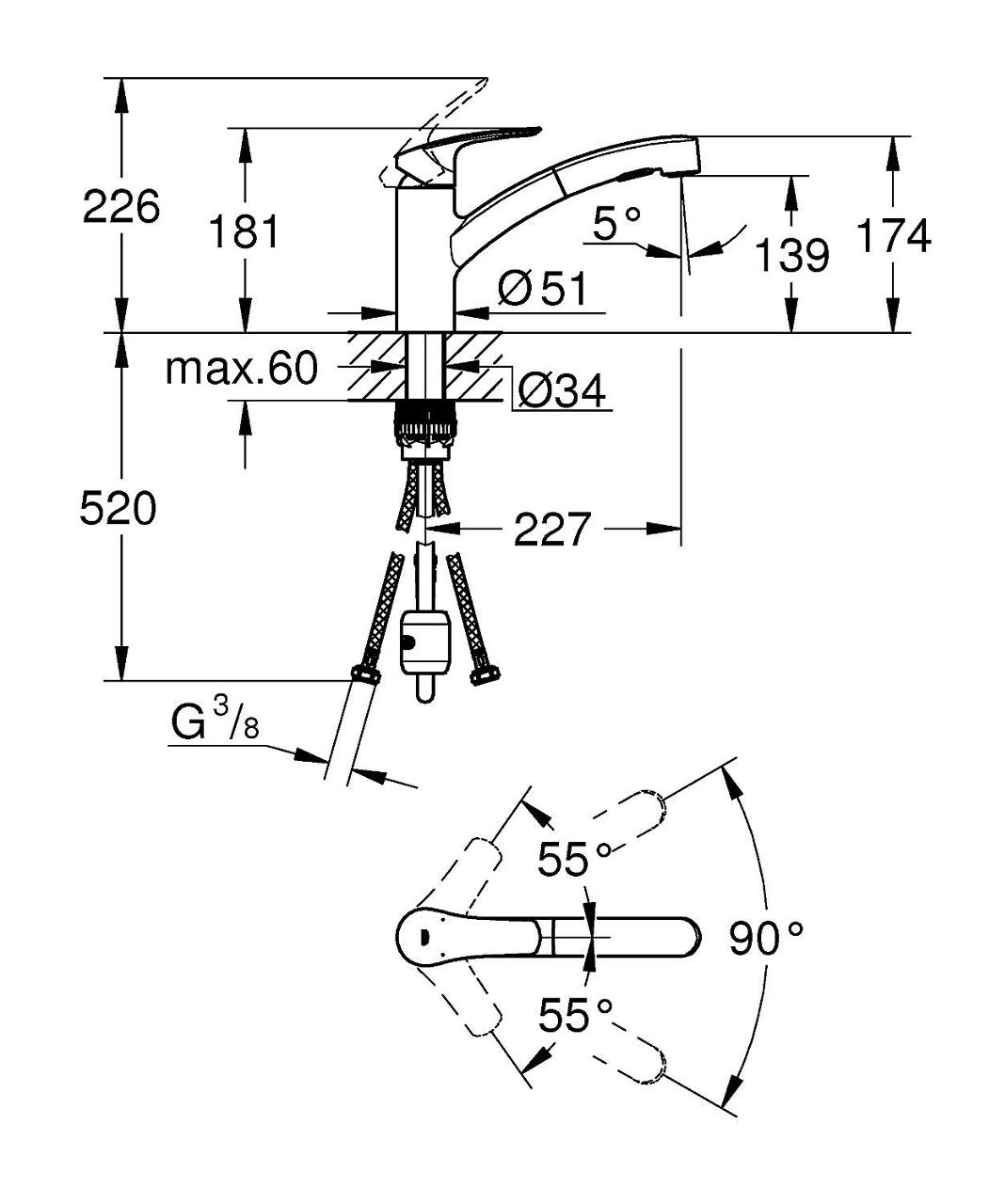 Mitigeur d'évier Grohe Eurosmart douchette extractible Saillie 227 mm