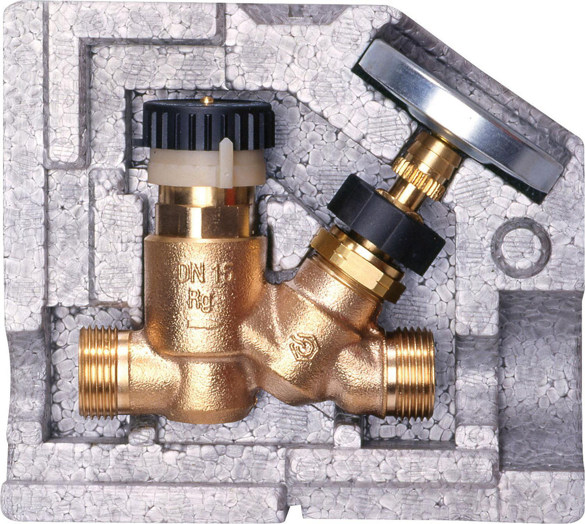 Vanne de régulation de circulation Flamco en bronze, 50-60 °C, DN 15 (1/2"), avec thermomètre et coque d'isolation