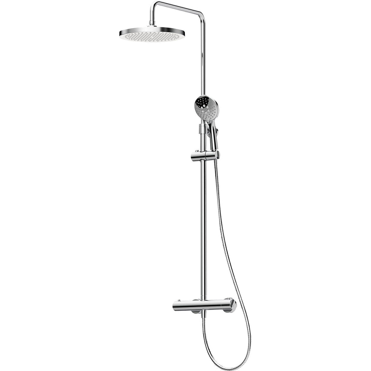 Muun thermostatic shower column with 3-jet hand shower and Ø 210 mm chrome shower head