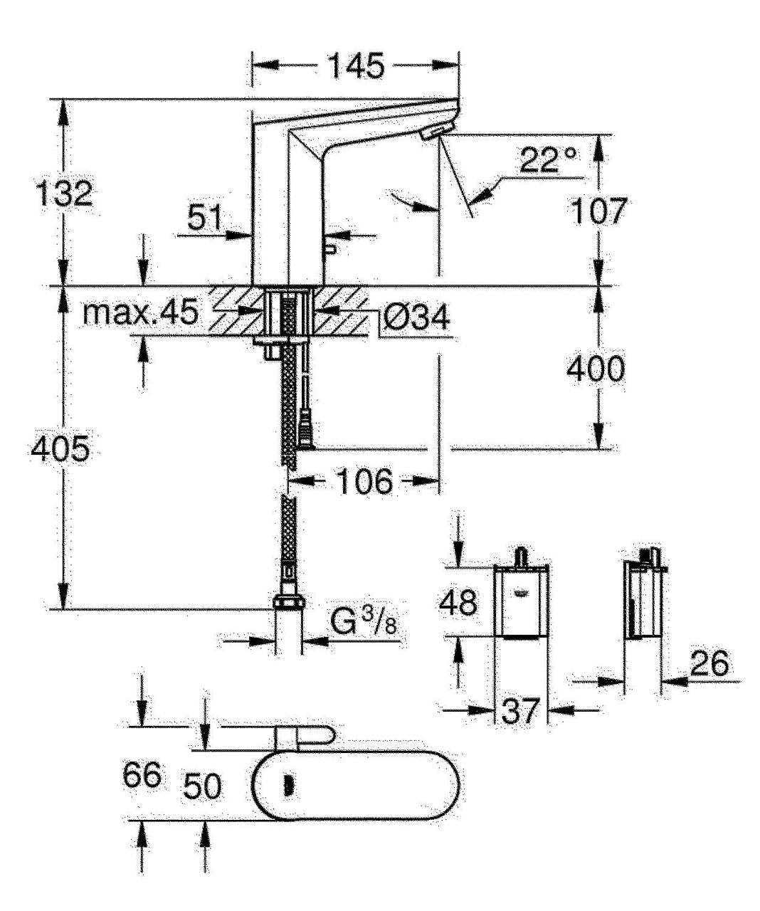 Robinetterie électronique de lavabo Grohe Eurosmart CE saillie 107mm chromé