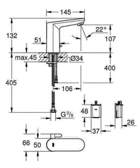 Robinetterie électronique de lavabo Grohe Eurosmart CE saillie 107mm chromé