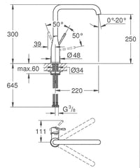 Mitigeur d'évier Grohe Essence, bec pivotant saillie 220 mm phantom black