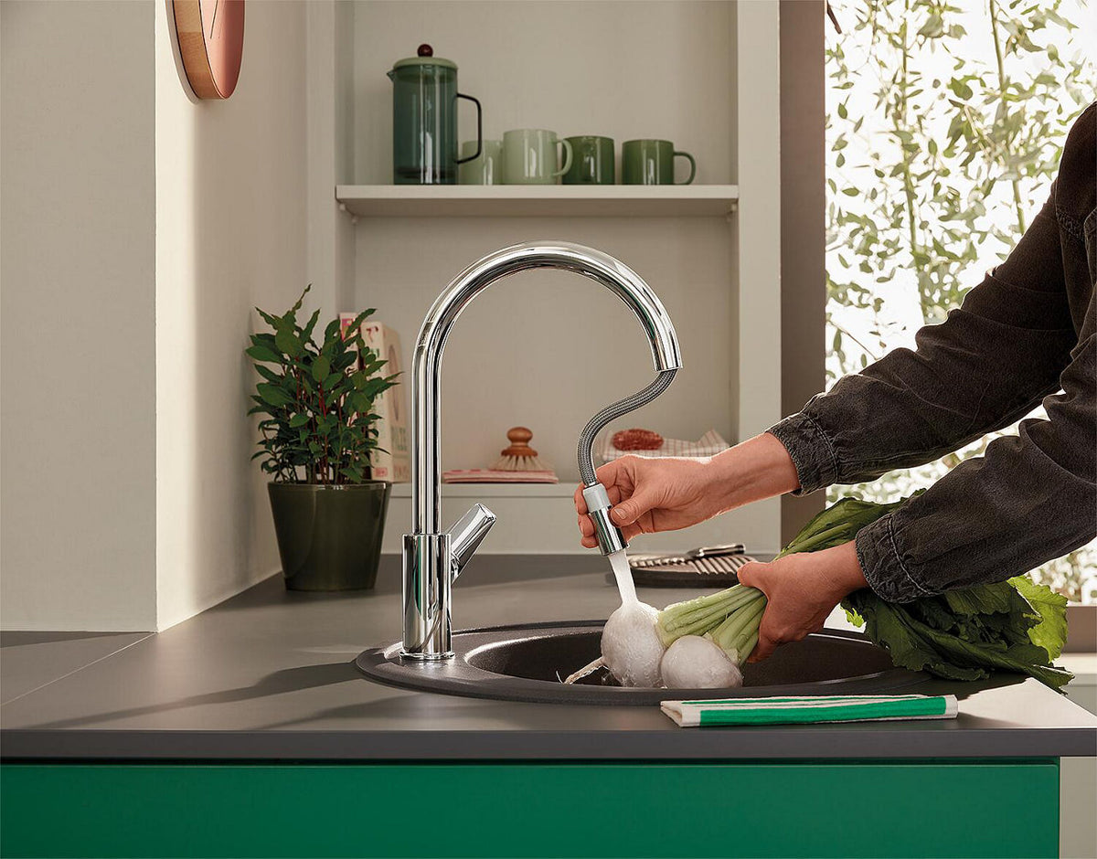 Mitigeur d'évier Grohe Bauedge avec bec extractible pivotant, saillie 215 mm chrome