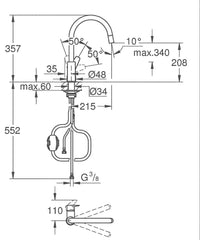 Mitigeur d'évier Grohe Bauedge avec bec extractible pivotant, saillie 215 mm chrome