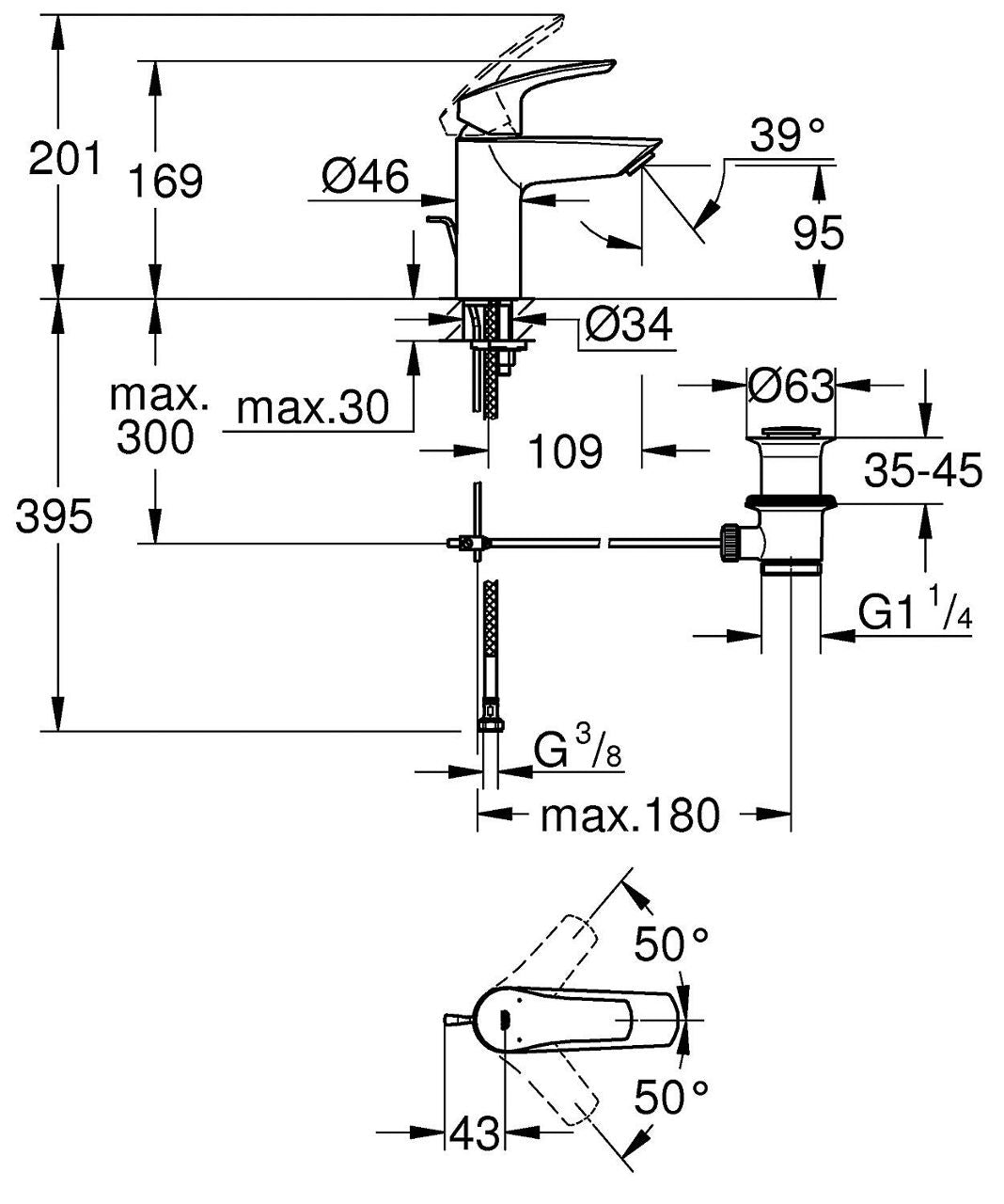 Mitigeur de lavabo Grohe Eurosmart S-Size saillie 109 mm chromé