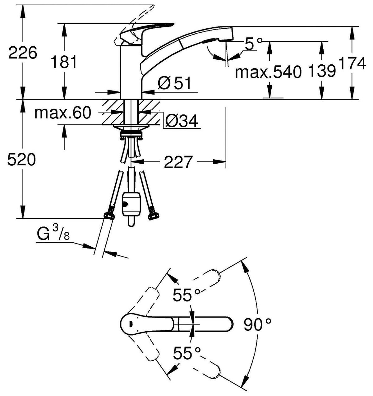 Mitigeur d'évier Grohe Eurosmart douchette extractible Saillie 227 mm