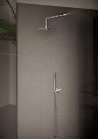 Xerias shower column with overhead and hand shower, round wall-mounted arm, polished stainless steel