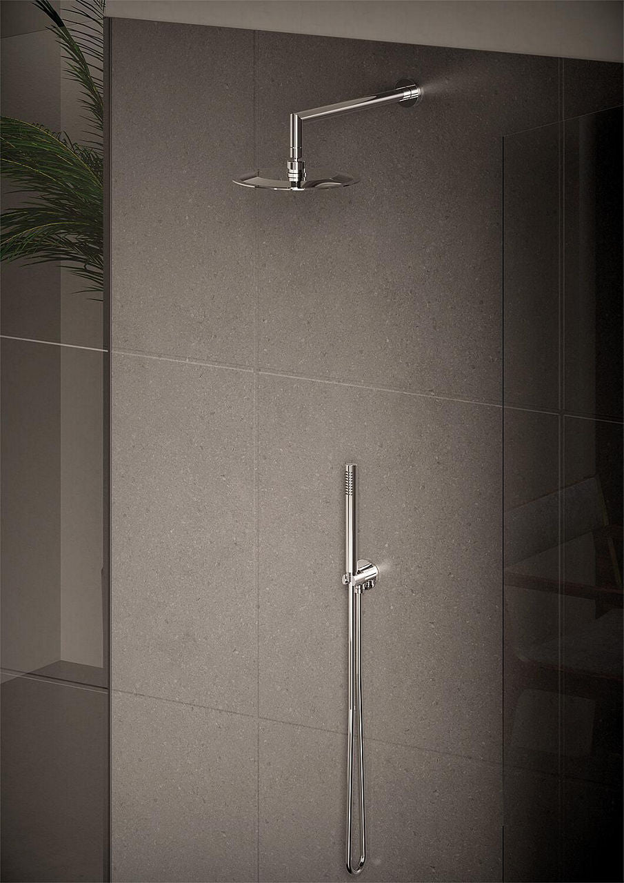 Xerias shower column with overhead and hand shower, round wall-mounted arm, polished stainless steel