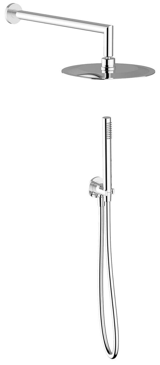 Xerias shower column with overhead and hand shower, round wall-mounted arm, polished stainless steel