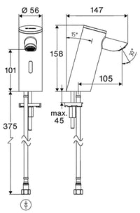 Robinetterie électronique de lavabo Schell Puris E2 saillie 105mm chromé