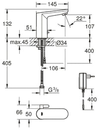 Robinetterie électronique de lavabo Grohe Eurosmart CE saillie 107mm chromé