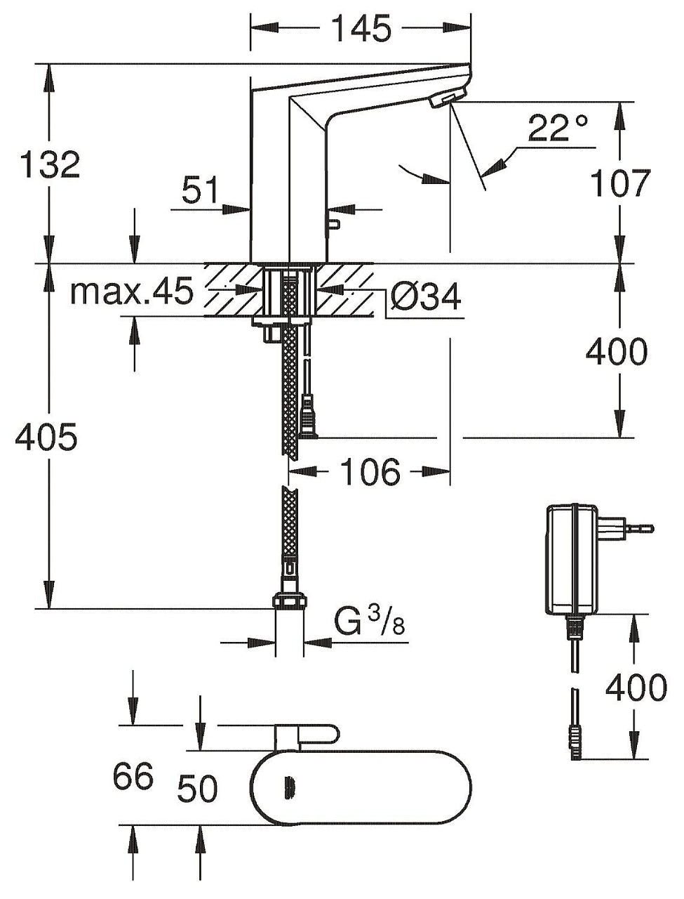 Robinetterie électronique de lavabo Grohe Eurosmart CE saillie 107mm chromé