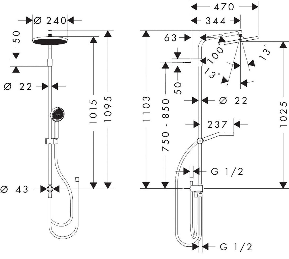Hansgrohe Activera S 240 Duschsystem 1jet mit Handbrause Ø95mm und Kopfbrause Ø240mm verchromt