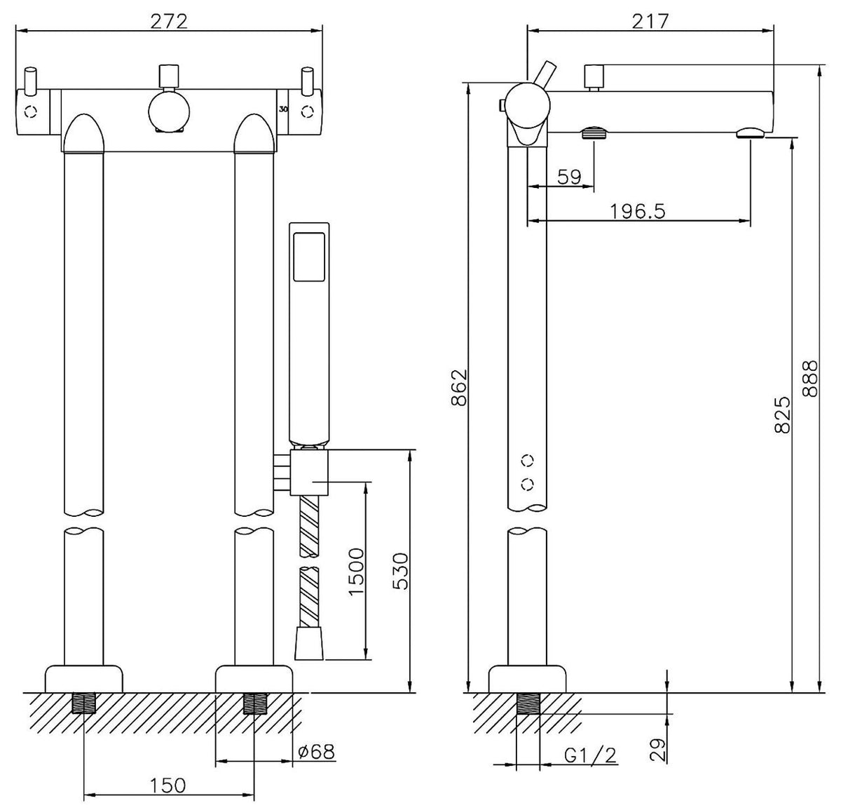 Thermostatique bain-douche sur pied Kos avec douchette stick chromé