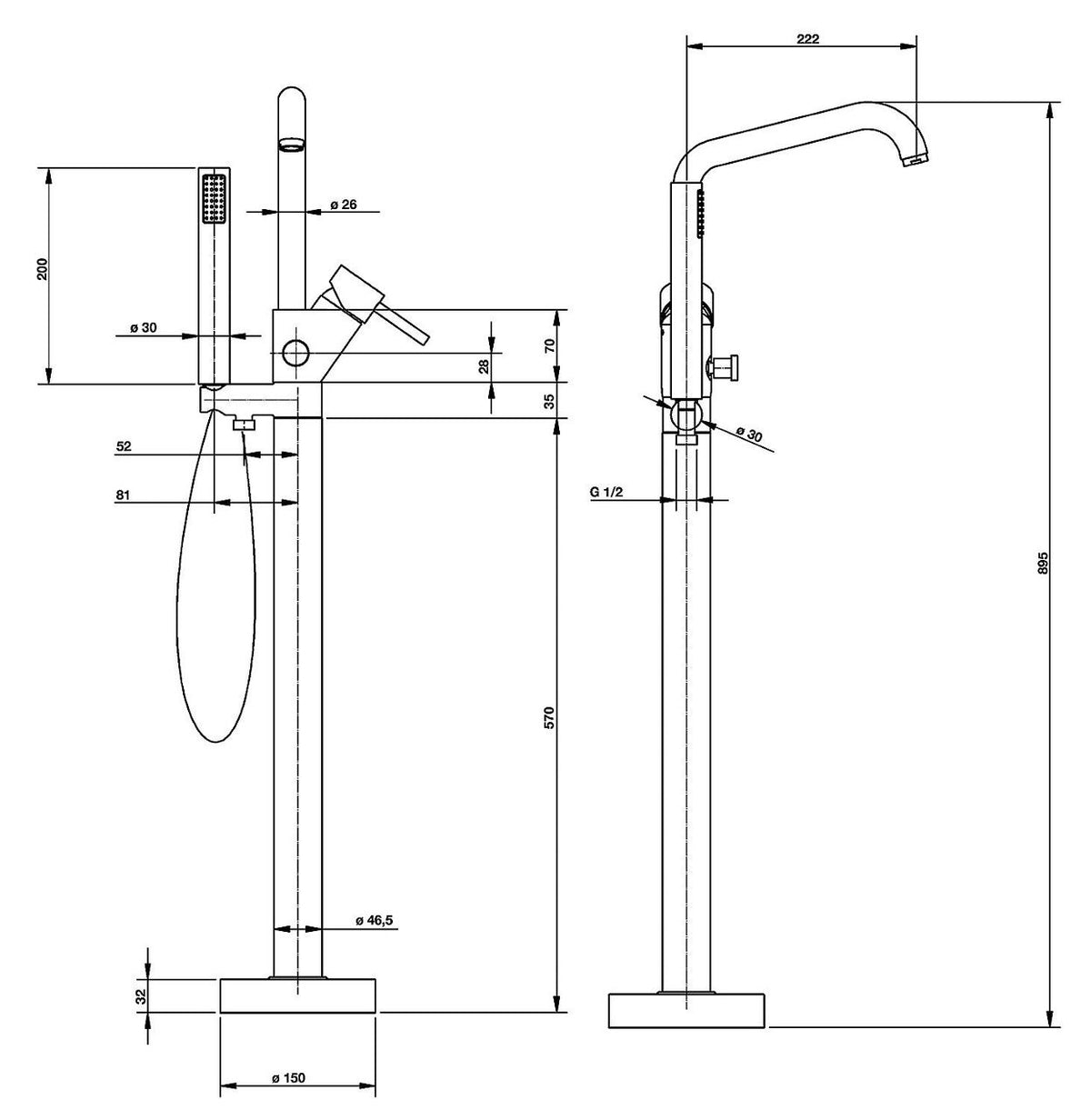 Mitigeur bain/douche sur pied Kos avec douchette stick + corps encastrement, saillie 222 mm, chromé