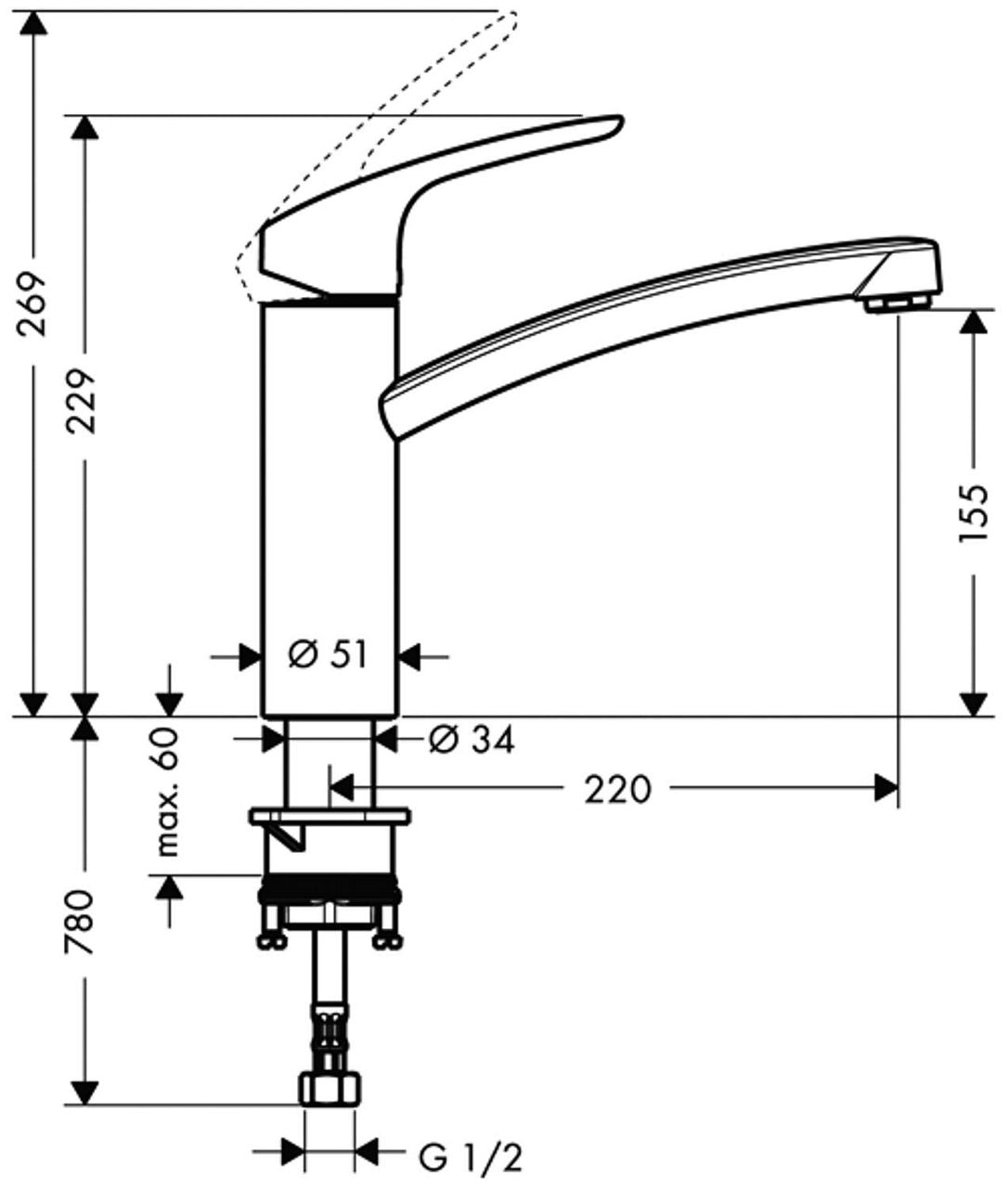 Mitigeur d'évier Hansgrohe Focus bec orientable saillie 220 mm