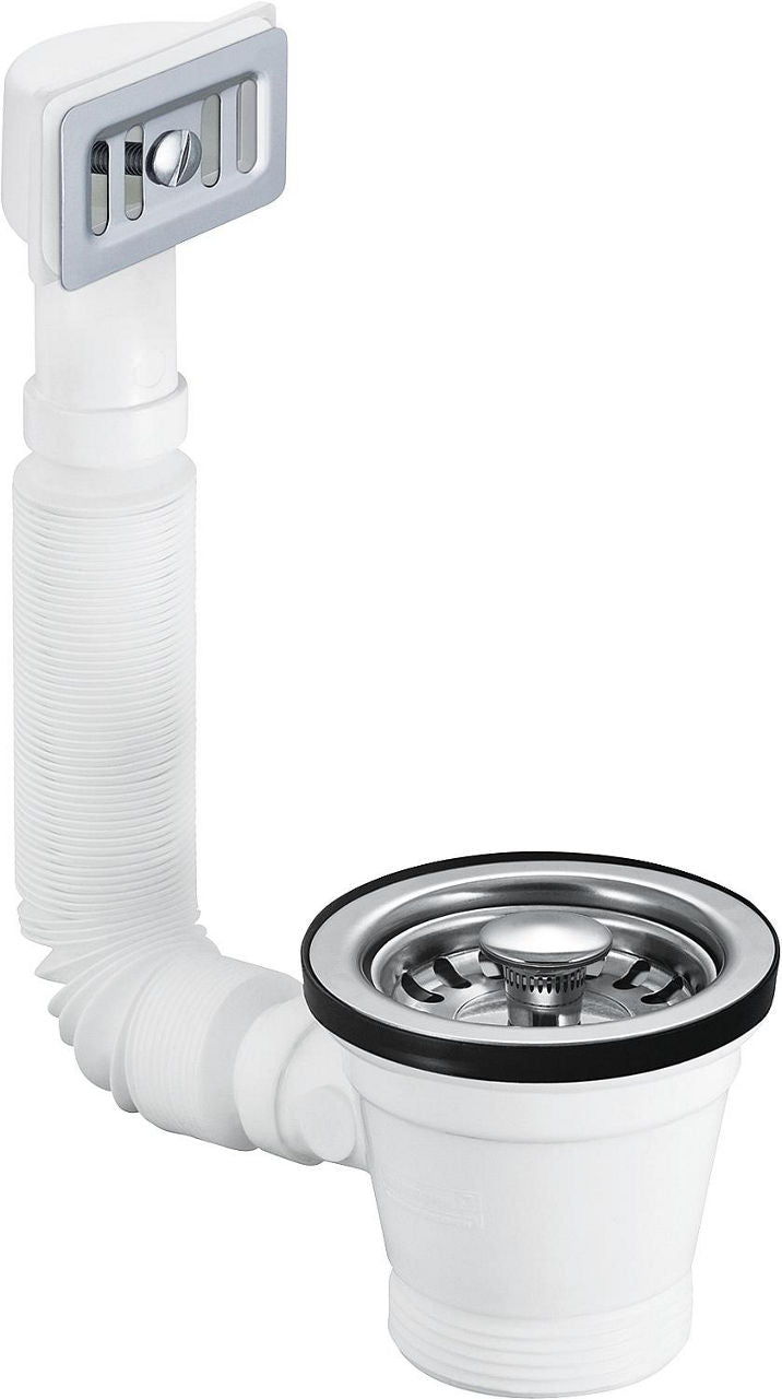 Bonde d'évier avec trop-plein flexible DN 40 (1 1/2'') x 70 mm, insert inox, trop-plein rectangulaire