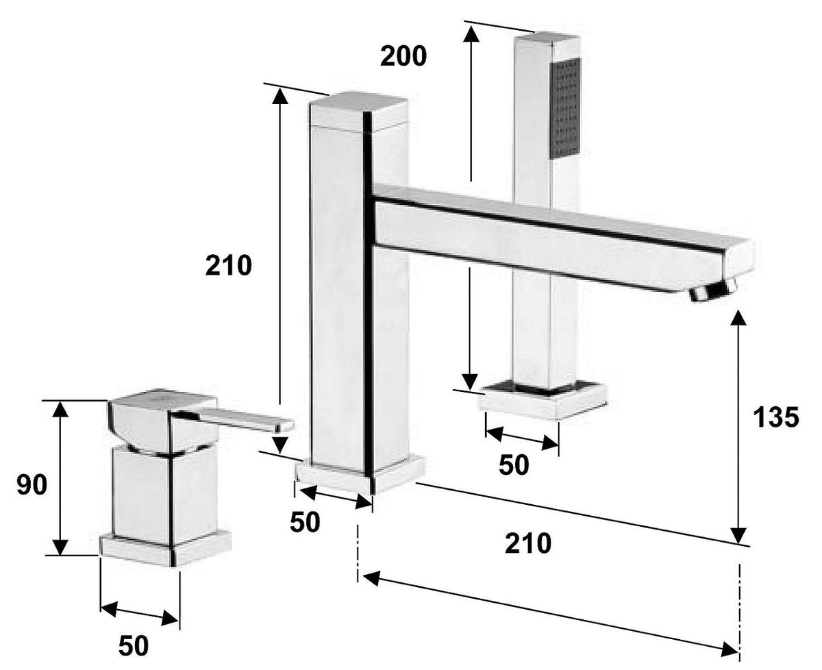 Mitigeur bord baignoire 3 trous Skyline avec douchette stick, saillie 210 mm, chromé