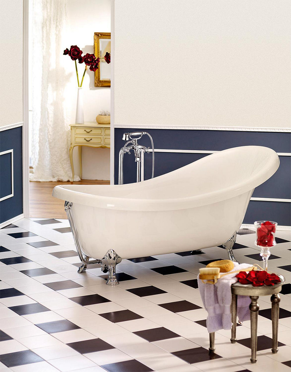 Mitigeur bain-douche 2 poignées sur pied Retro avec douchette saillie 125 mm chromé