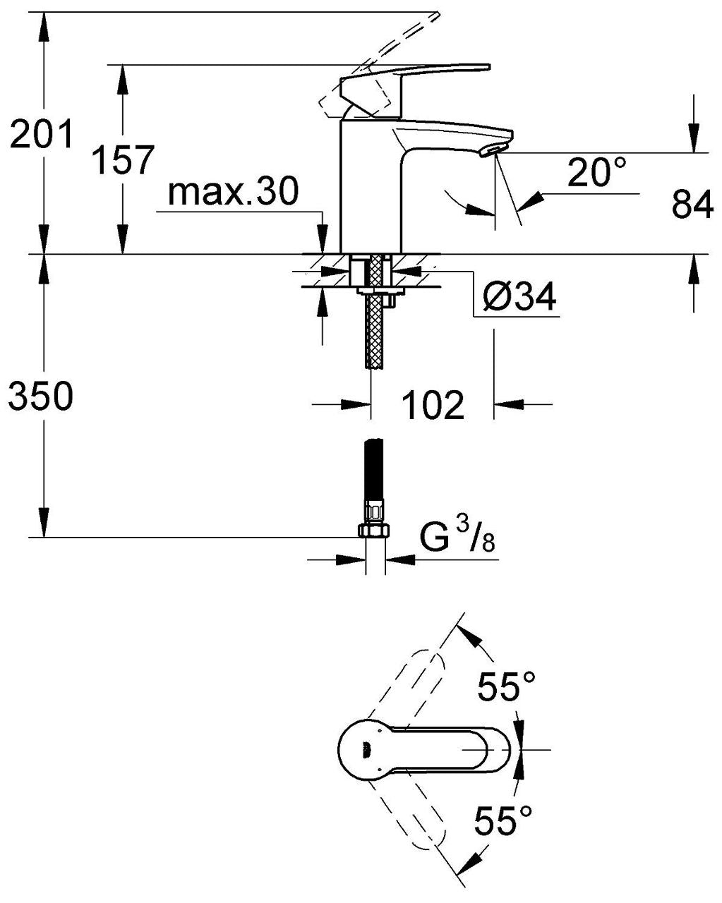 Mitigeur de lavabo Grohe Eurostyle saillie 102 mm chromé