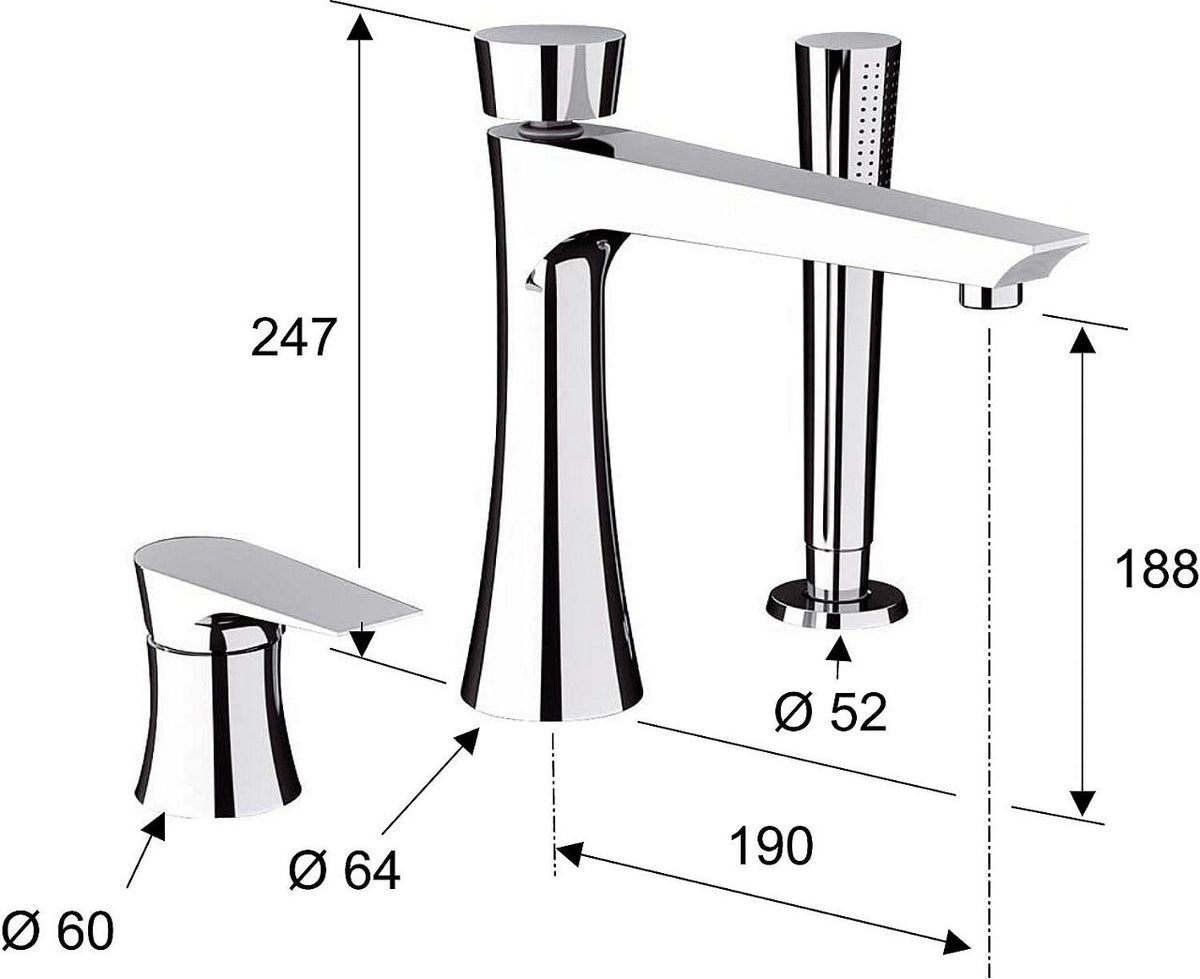 Mitigeur bord baignoire 3 trous Diva avec douchette stick saillie 190 mm chromé