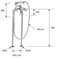 Mitigeur bain-douche 2 poignées sur pied Retro avec douchette saillie 125 mm chromé