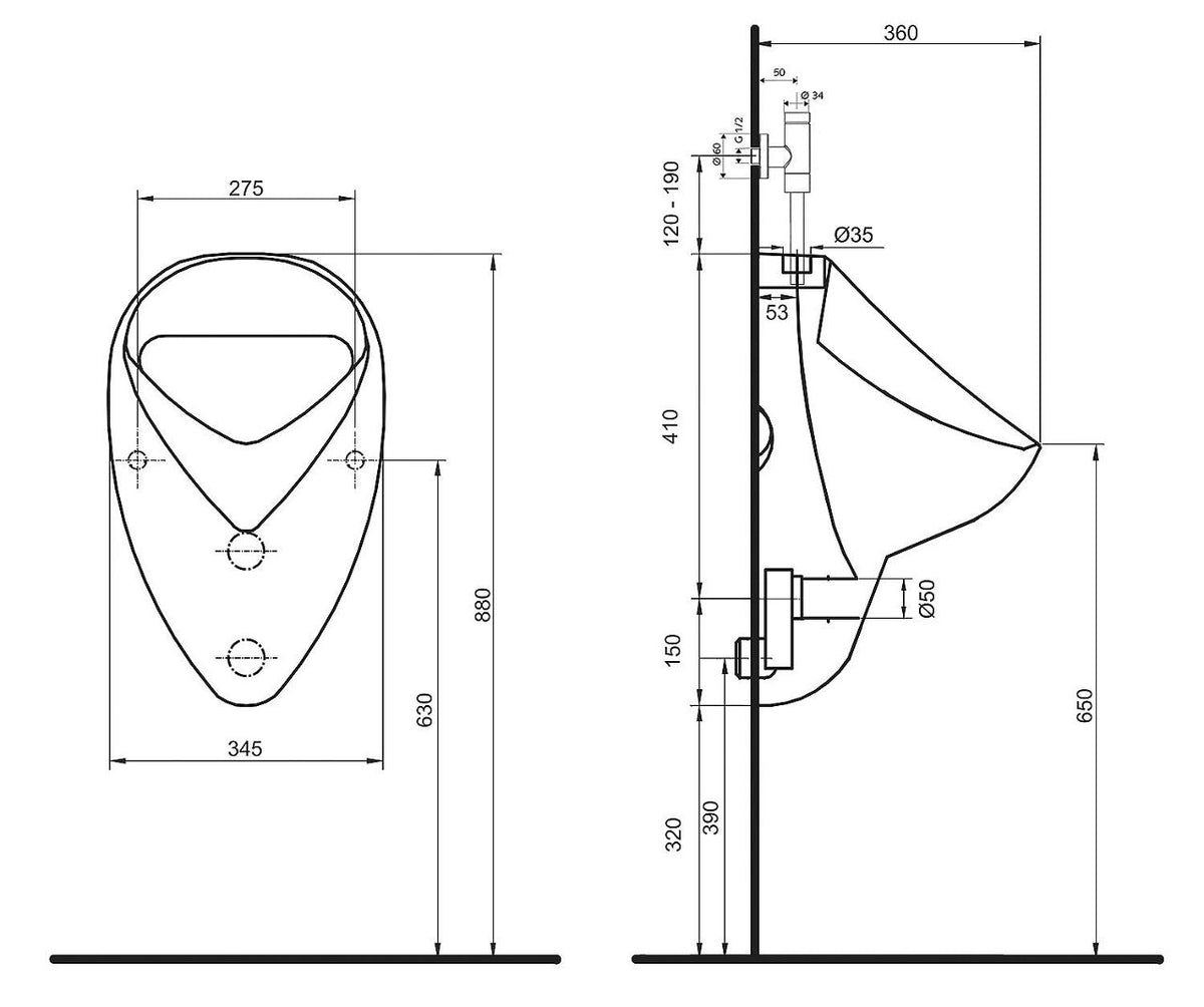 Urinoir evenes EBO, kit complet, alimentation par le haut, 345×560×380 mm, céramique blanche - vue 3