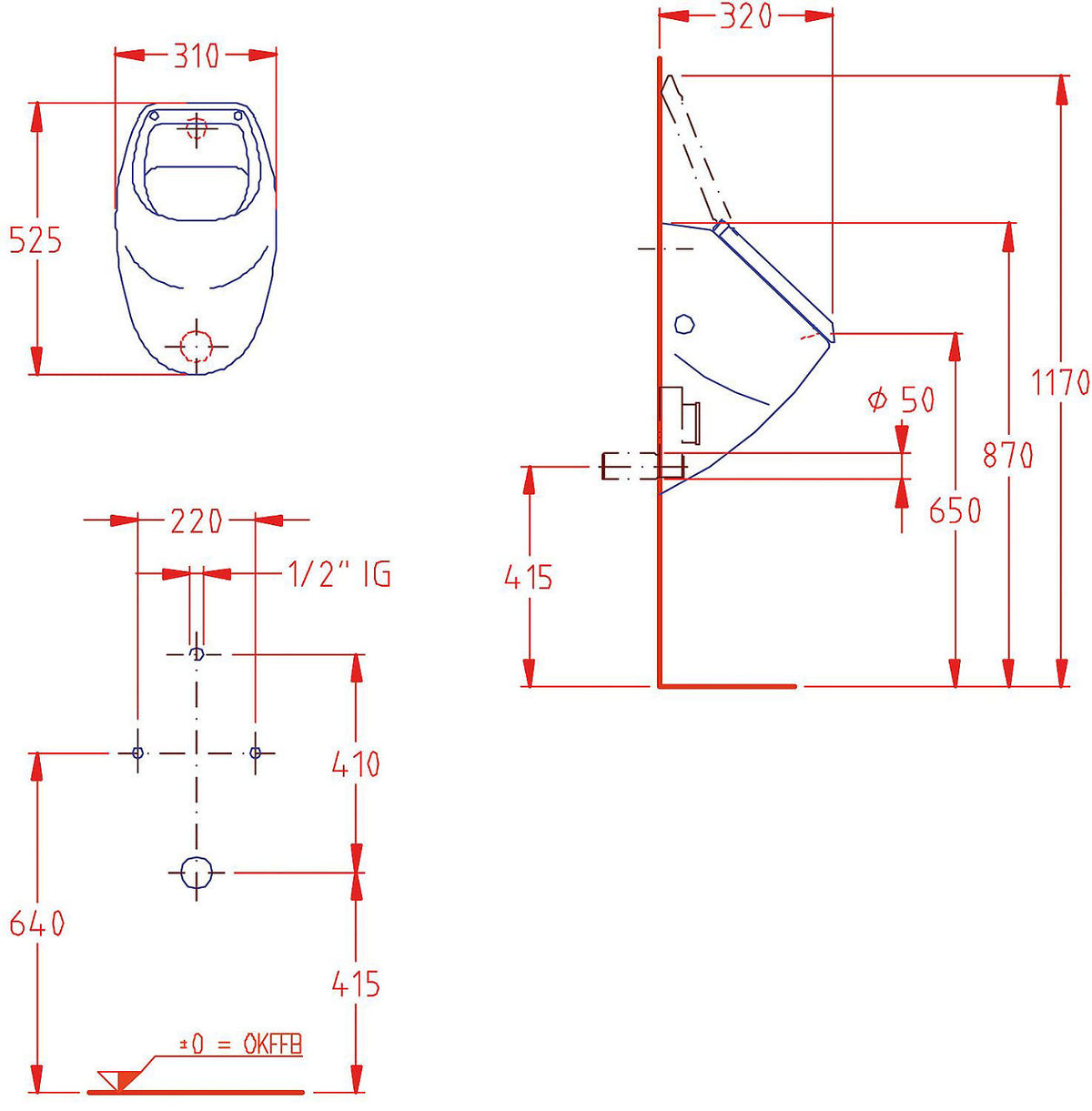 Urinoir evenes EDU, kit complet alimentation par l'arrière, 310×525×320 mm, céramique blanche - vue 2