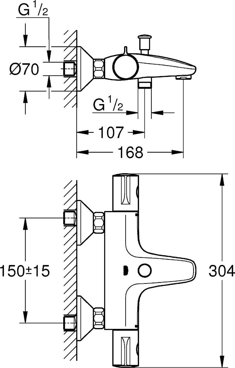 Thermostatique bain-douche apparent Grohe Grohtherm 800 saillie 168 mm