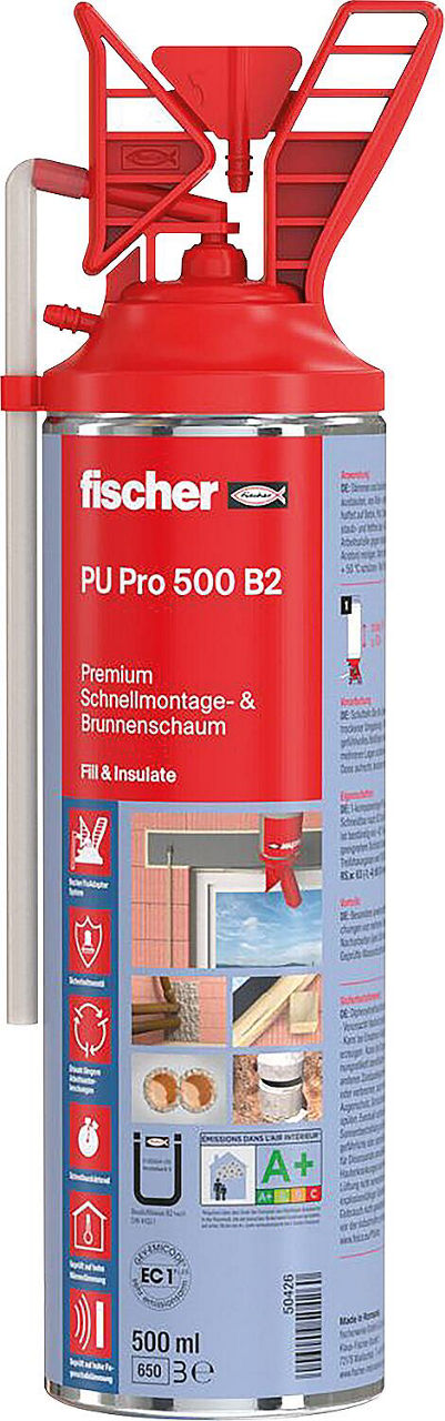 Mousse de montage rapide et mousse de puits Fischer PU Pro 500 B2, 500 ml