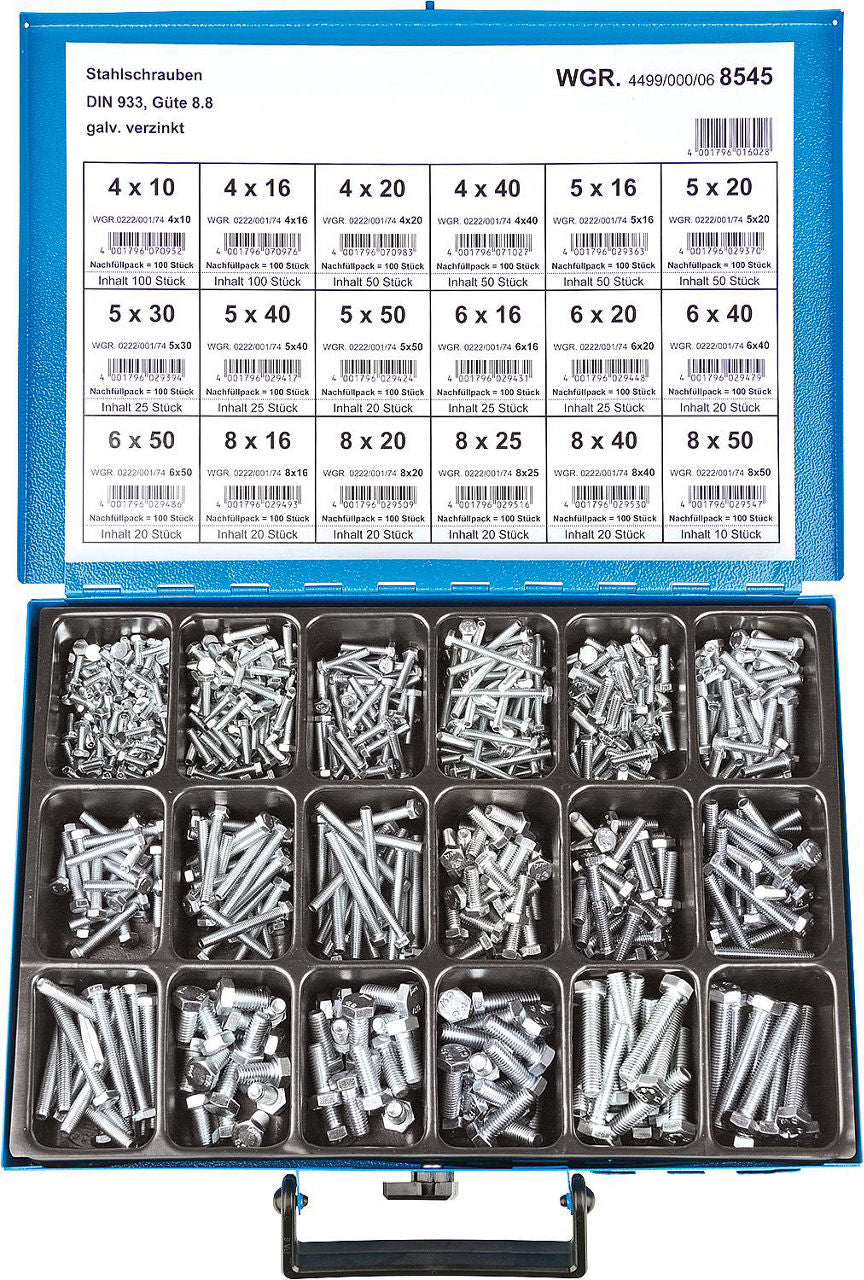 Assortment case of hex head screws DIN 933 8.8 zinc plated