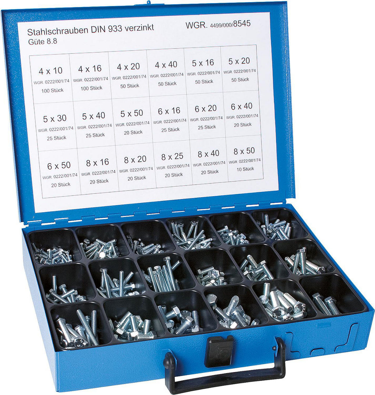 Mallette d'assortiment de vis à tête hexagonale DIN 933 8.8 zinguées