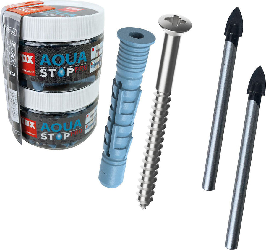 Chevilles polyvalentes Aqua Stop Pro + Forets verre/céramique, 62 pièces