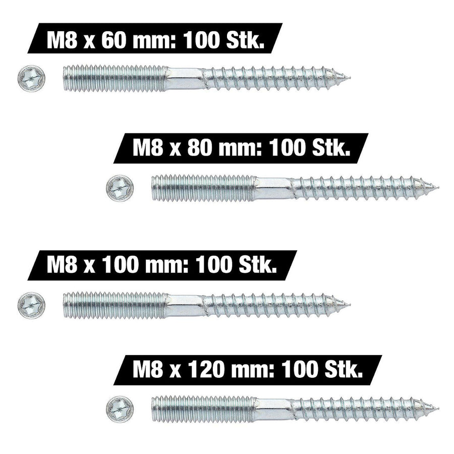 Recharge vis double filetage M8 × 60-120 mm, 400 pièces Standard