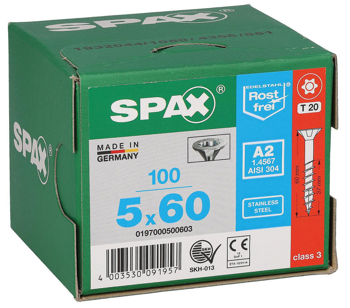 Aktionspackung WS + SPAX Senkkopfschrauben Edelstahl A2 Ø5,0x60 mm, 1000 Stück + WS BOX