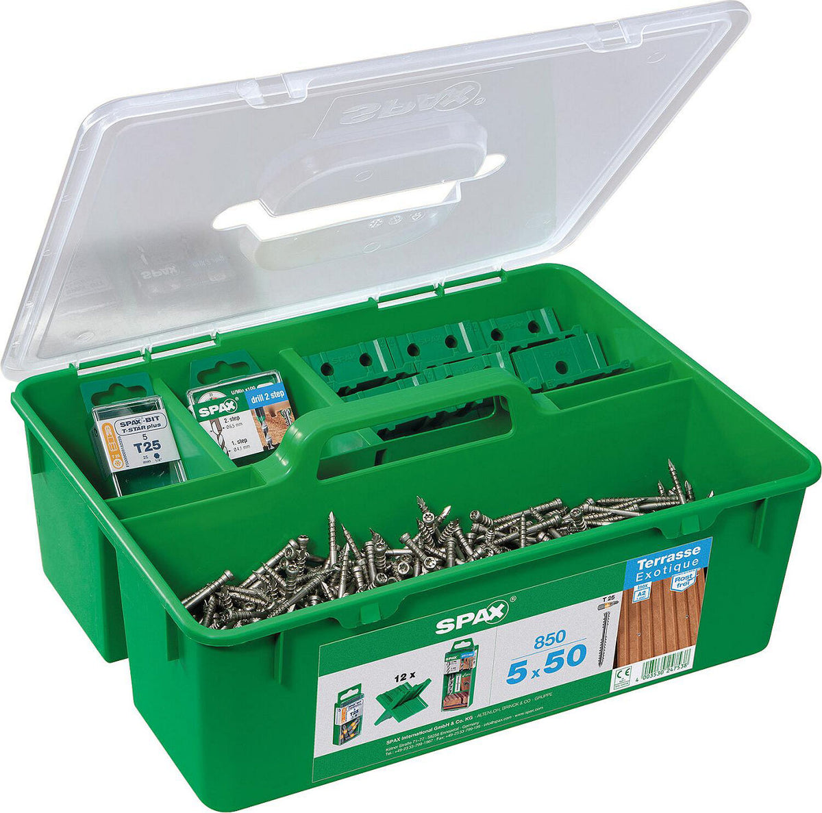 Set de vis à tête cylindrique SPAX inox A2 Ø5,0x50 mm, 850 pièces, Green Box