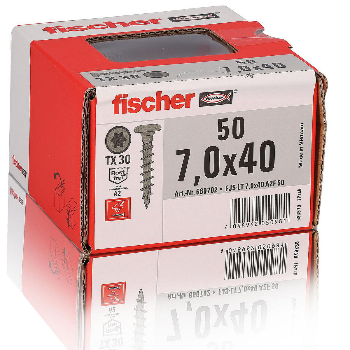 Vis de piquet Fischer, inox A2, tête ronde centrée, filetage total