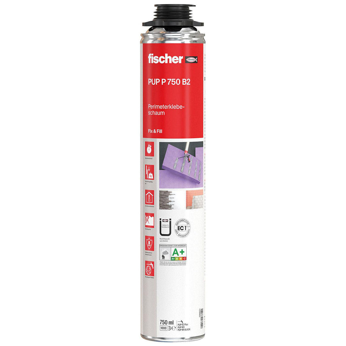 Mousse adhésive périmétrique Fischer PUP P 750 G B2, gris béton, 750 ml