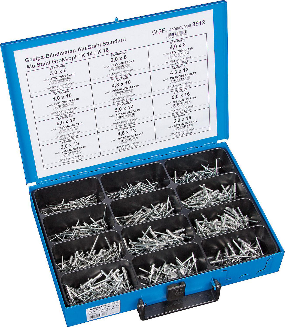 Coffret 550 rivets borgnes alu / acier en mallette métallique