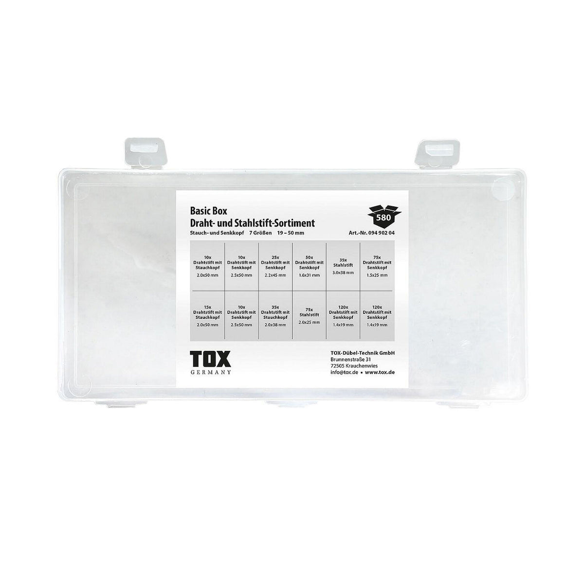 TOX Basic Box, assortiment de fils et pointes en acier, 580 pièces