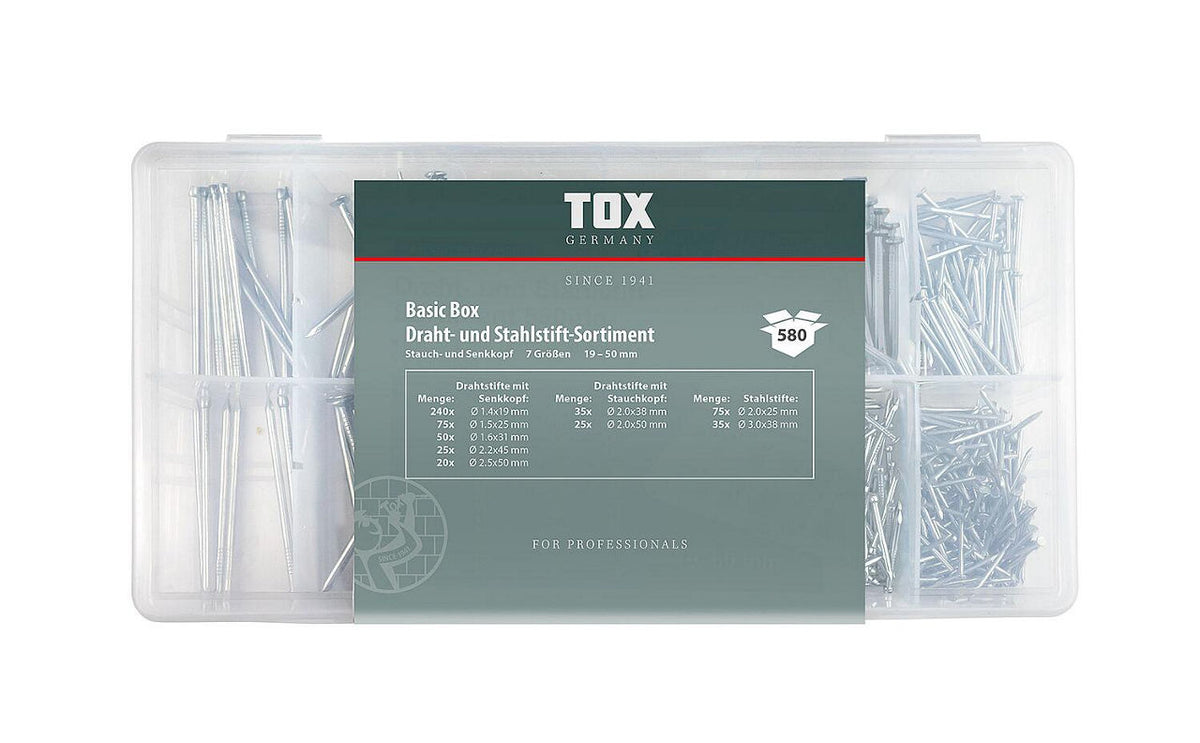 TOX Basic Box, assortiment de fils et pointes en acier, 580 pièces