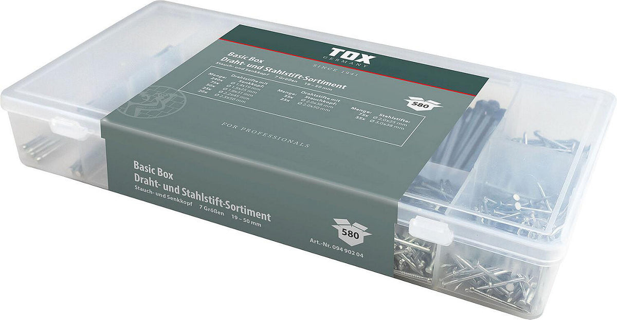 TOX Basic Box, assortiment de fils et pointes en acier, 580 pièces