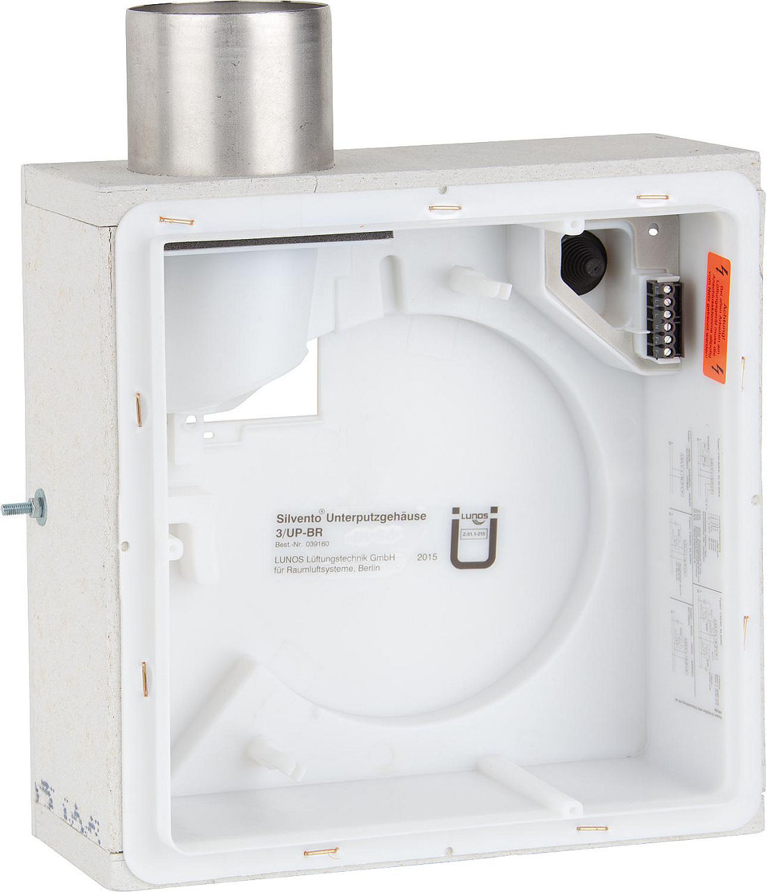 Boîtier encastré Lunos Silvento 3/UP-BR, piquage latéral DN 80, avec protection incendie