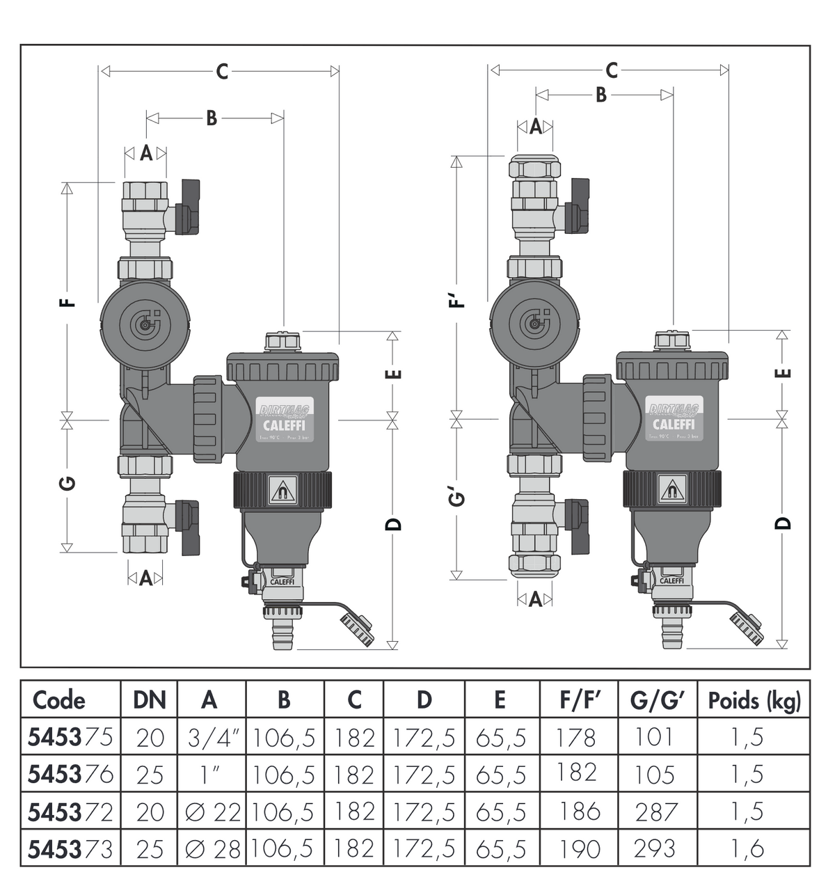Plan coté – Désemboueur magnétique Caleffi DirtmagPlus série 5453